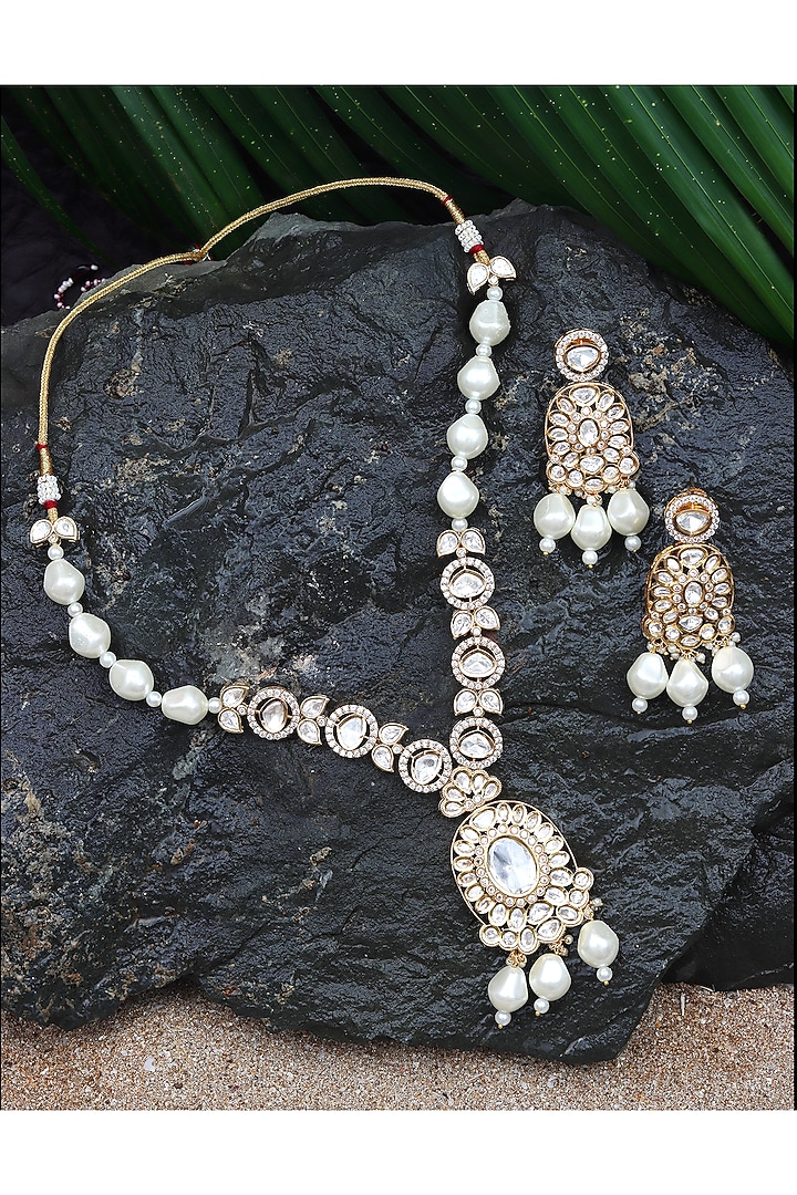 Gold Finish Kundan Polki & Beaded Necklace Set by Akulya Jewels at Pernia's Pop Up Shop