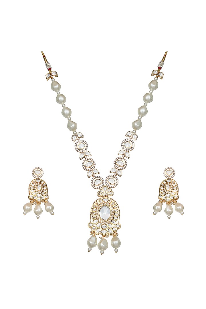 Gold Finish Kundan Polki & Beaded Necklace Set by Akulya Jewels at Pernia's Pop Up Shop