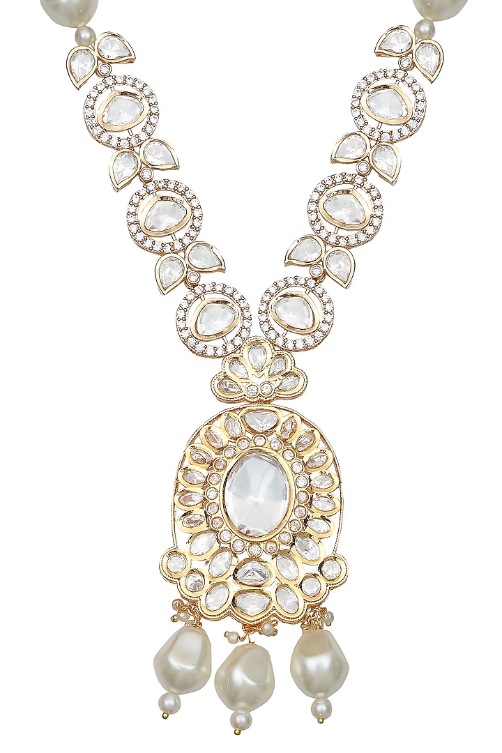 Gold Finish Kundan Polki & Beaded Necklace Set by Akulya Jewels at Pernia's Pop Up Shop