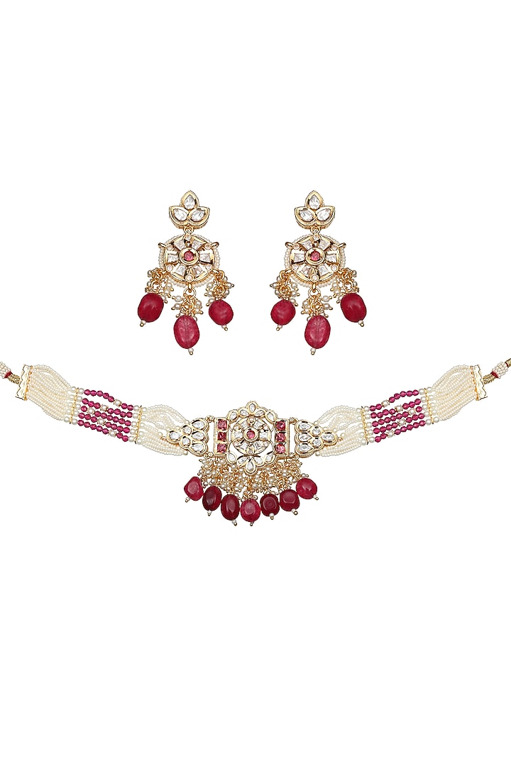 Gold Finish Kundan Polki & Beaded Choker Necklace Set by Akulya Jewels at Pernia's Pop Up Shop