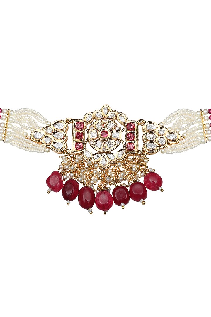 Gold Finish Kundan Polki & Beaded Choker Necklace Set by Akulya Jewels at Pernia's Pop Up Shop