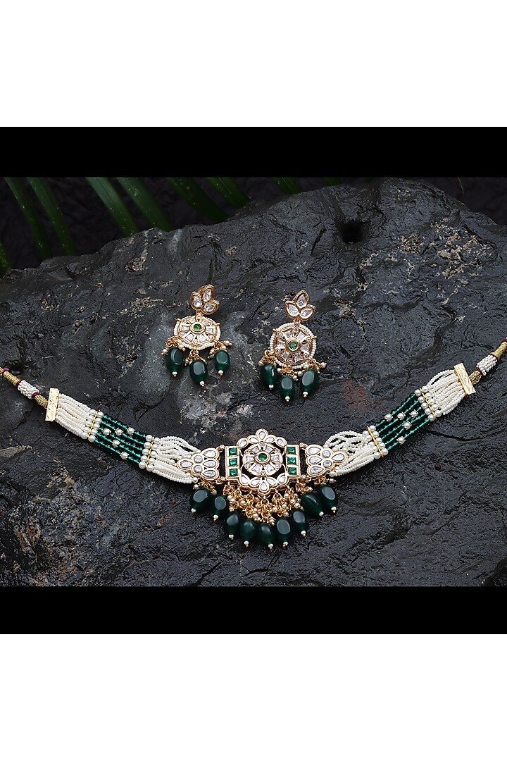 Gold Finish Kundan Polki & Beaded Choker Necklace Set by Akulya Jewels at Pernia's Pop Up Shop