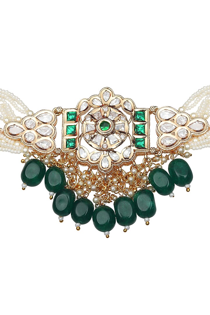 Gold Finish Kundan Polki & Beaded Choker Necklace Set by Akulya Jewels at Pernia's Pop Up Shop