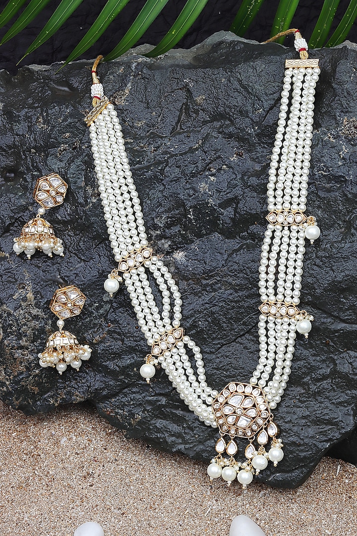 Gold Finish Kundan Polki & Beaded Choker Necklace Set by Akulya Jewels at Pernia's Pop Up Shop