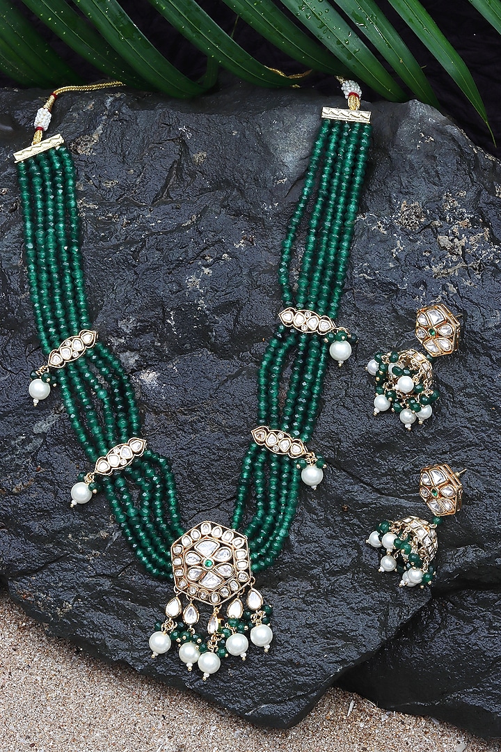 Gold Finish Kundan Polki & Beaded Necklace Set by Akulya Jewels at Pernia's Pop Up Shop
