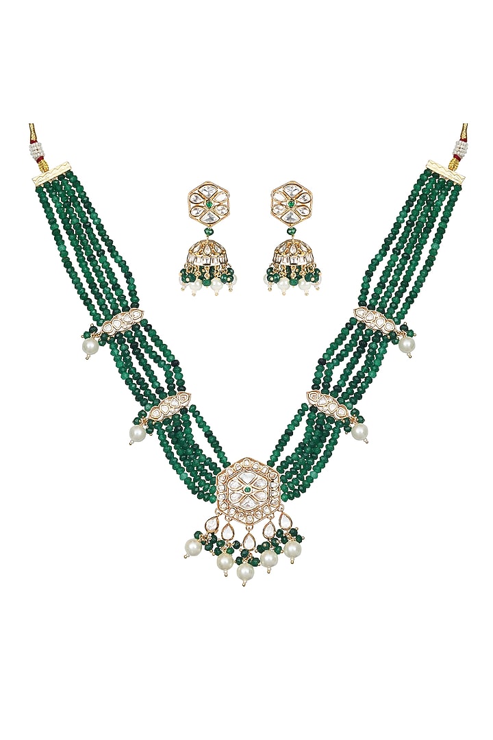 Gold Finish Kundan Polki & Beaded Necklace Set by Akulya Jewels at Pernia's Pop Up Shop