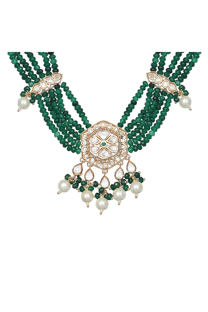 Gold Finish Kundan Polki & Beaded Necklace Set by Akulya Jewels at Pernia's Pop Up Shop