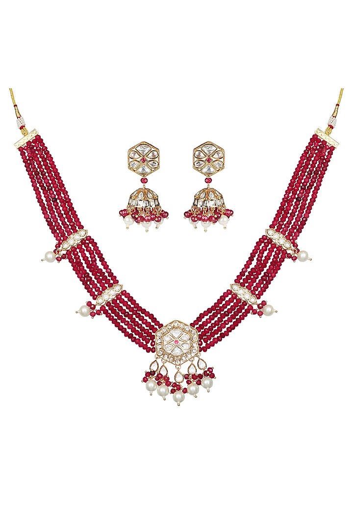 Gold Finish Kundan Polki & Beaded Necklace Set by Akulya Jewels at Pernia's Pop Up Shop
