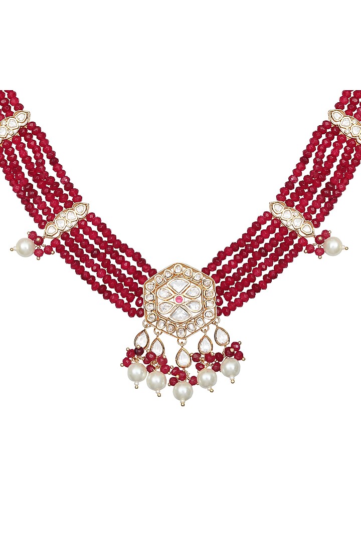Gold Finish Kundan Polki & Beaded Necklace Set by Akulya Jewels at Pernia's Pop Up Shop