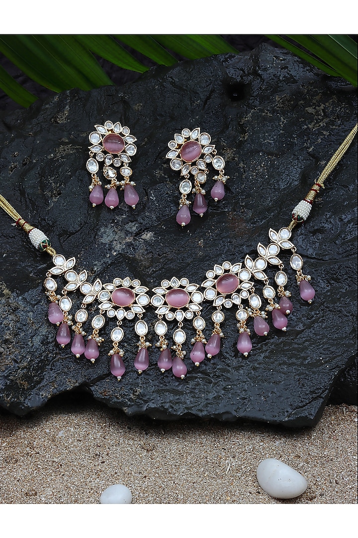 Gold Finish Kundan Polki & Blush Pink Stone Choker Necklace Set by Akulya Jewels at Pernia's Pop Up Shop