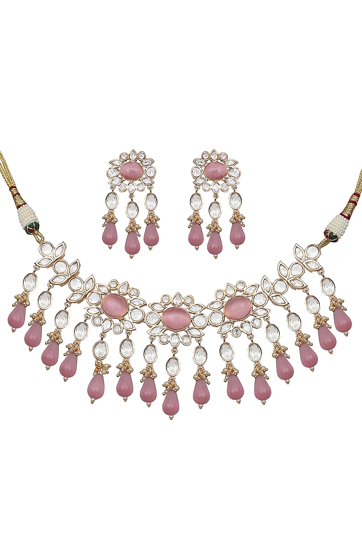 Gold Finish Kundan Polki & Blush Pink Stone Choker Necklace Set by Akulya Jewels at Pernia's Pop Up Shop