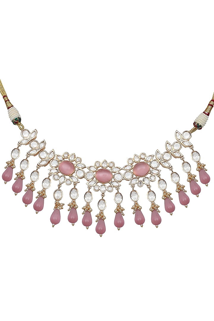 Gold Finish Kundan Polki & Blush Pink Stone Choker Necklace Set by Akulya Jewels at Pernia's Pop Up Shop