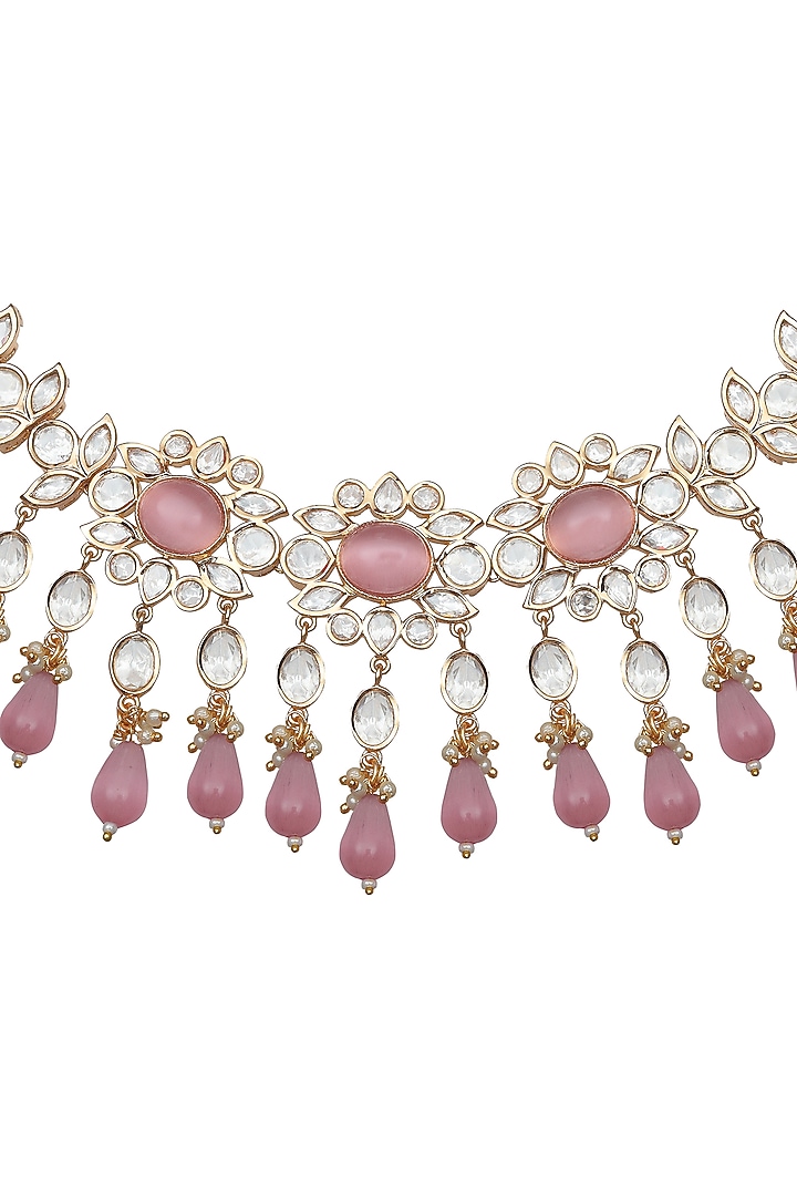 Gold Finish Kundan Polki & Blush Pink Stone Choker Necklace Set by Akulya Jewels at Pernia's Pop Up Shop