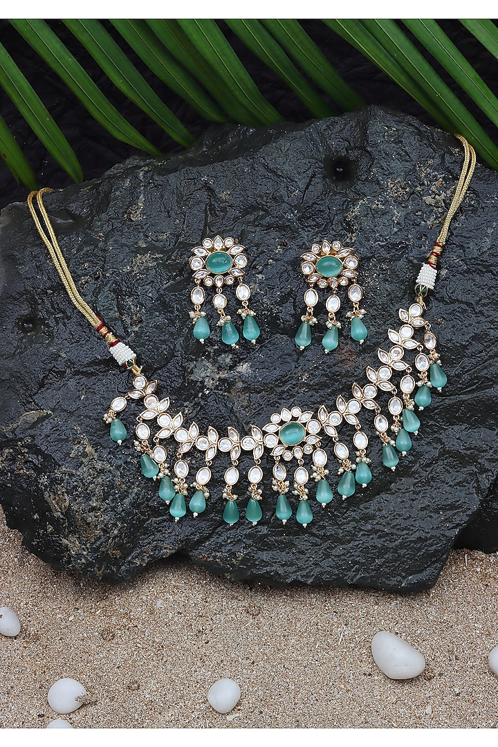 Gold Finish Kundan Polki & Mint Stone Choker Necklace Set by Akulya Jewels at Pernia's Pop Up Shop