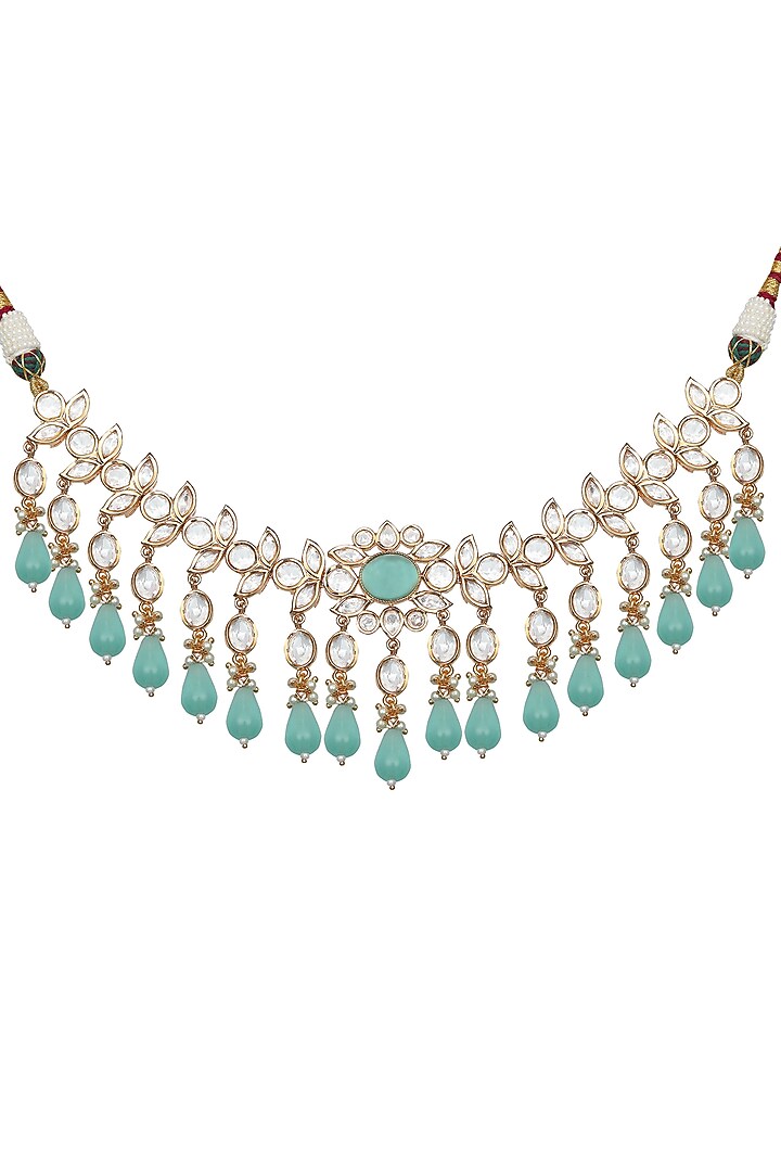 Gold Finish Kundan Polki & Mint Stone Choker Necklace Set by Akulya Jewels at Pernia's Pop Up Shop