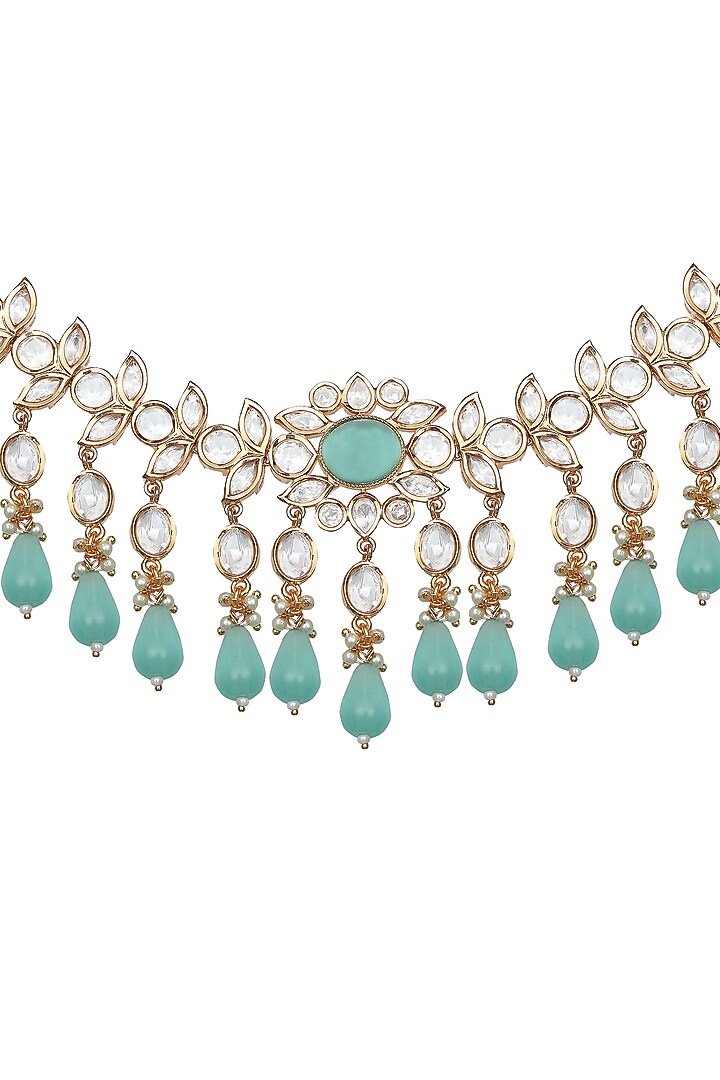 Gold Finish Kundan Polki & Mint Stone Choker Necklace Set by Akulya Jewels at Pernia's Pop Up Shop