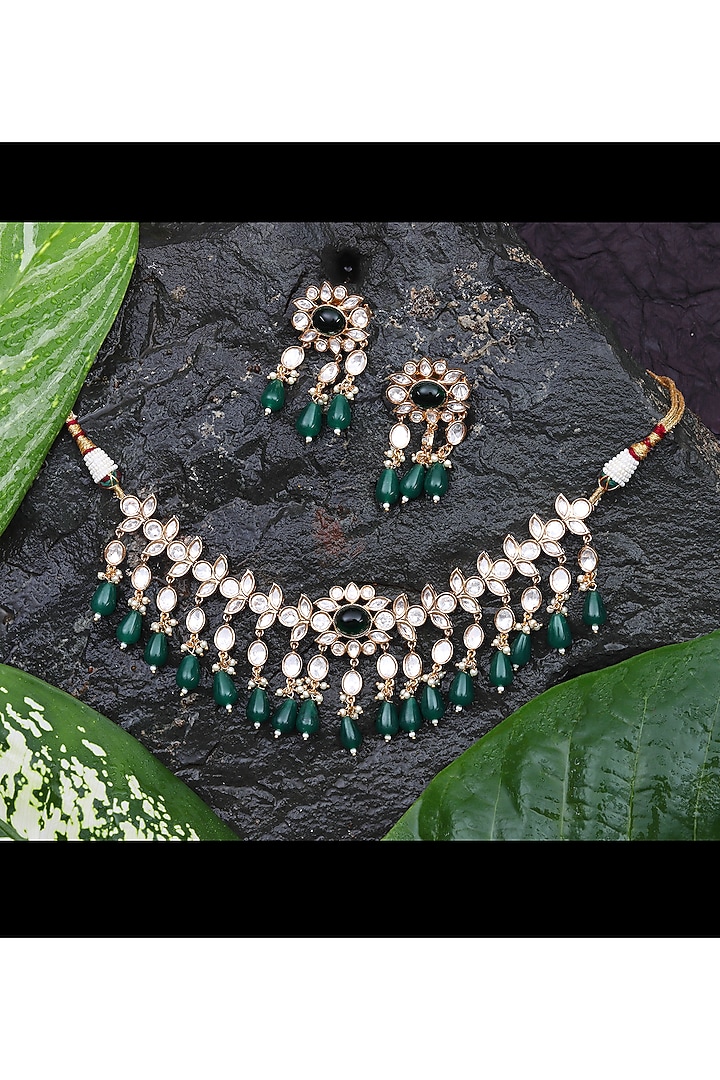 Gold Finish Kundan Polki & Green Stone Choker Necklace Set by Akulya Jewels at Pernia's Pop Up Shop
