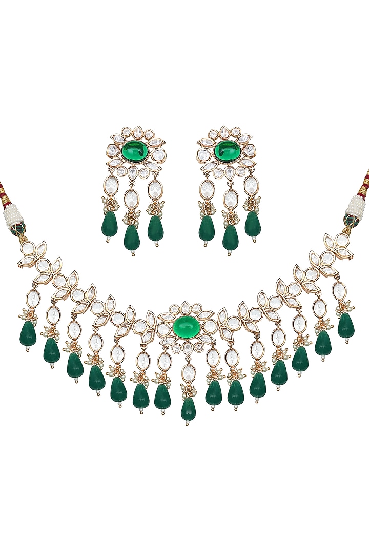 Gold Finish Kundan Polki & Green Stone Choker Necklace Set by Akulya Jewels at Pernia's Pop Up Shop