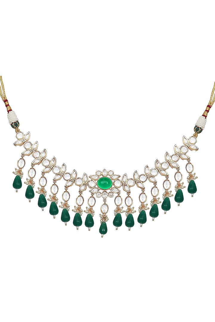 Gold Finish Kundan Polki & Green Stone Choker Necklace Set by Akulya Jewels at Pernia's Pop Up Shop