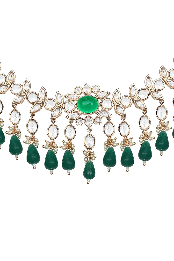 Gold Finish Kundan Polki & Green Stone Choker Necklace Set by Akulya Jewels at Pernia's Pop Up Shop