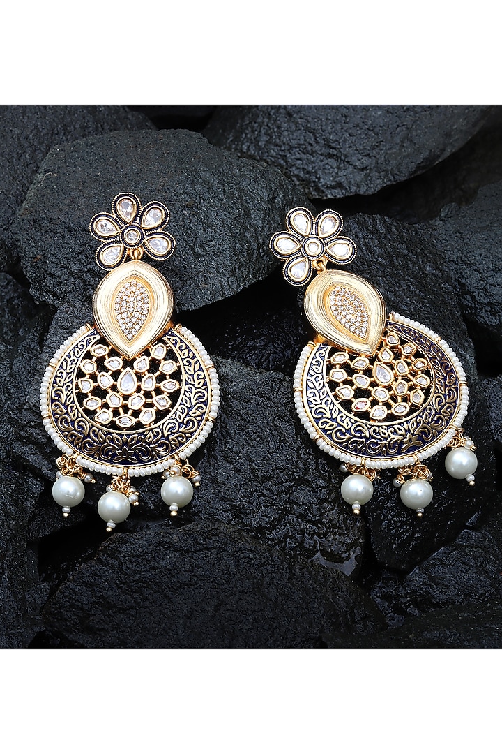 Gold Finish Faux Diamond & Kundan Polki Meenakari Dangler Earrings by Akulya Jewels at Pernia's Pop Up Shop