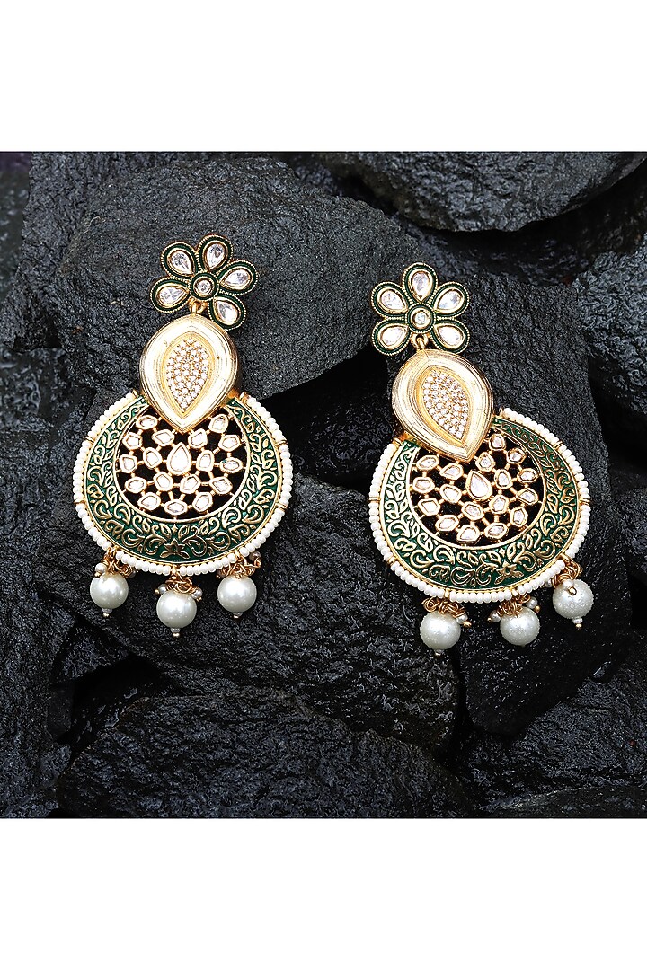 Gold Finish Faux Diamond & Kundan Polki Meenakari Dangler Earrings by Akulya Jewels at Pernia's Pop Up Shop
