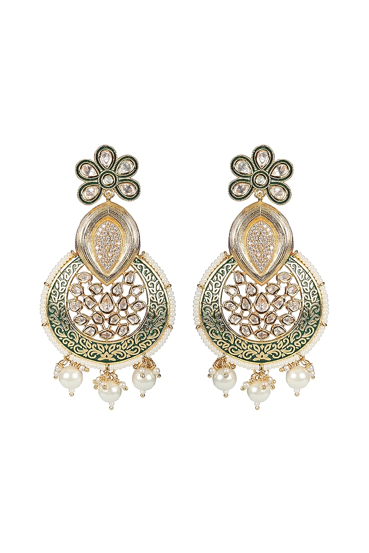 Gold Finish Faux Diamond & Kundan Polki Meenakari Dangler Earrings by Akulya Jewels at Pernia's Pop Up Shop