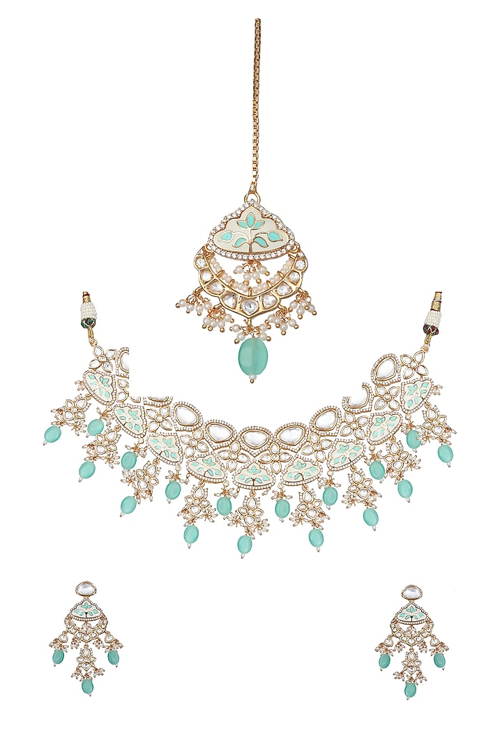 Gold Finish Kundan Mint Meenakari Choker Necklace Set by Akulya Jewels at Pernia's Pop Up Shop