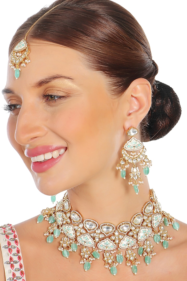 Gold Finish Kundan Mint Meenakari Choker Necklace Set by Akulya Jewels at Pernia's Pop Up Shop