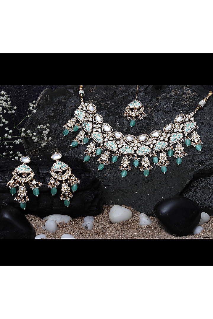 Gold Finish Kundan Mint Meenakari Choker Necklace Set by Akulya Jewels at Pernia's Pop Up Shop