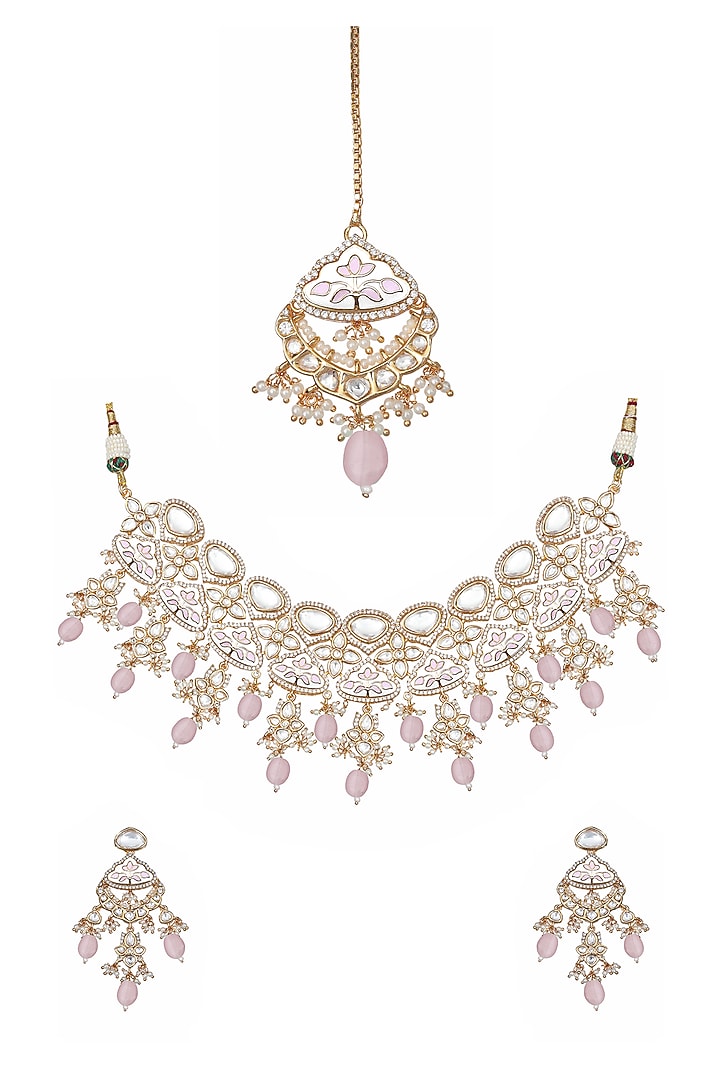 Gold Finish Kundan Pink & White Meenakari Choker Necklace Set by Akulya Jewels at Pernia's Pop Up Shop