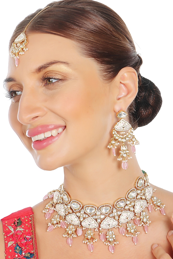 Gold Finish Kundan Pink & White Meenakari Choker Necklace Set by Akulya Jewels at Pernia's Pop Up Shop