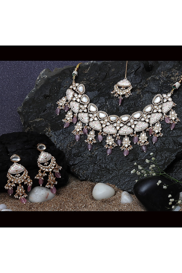Gold Finish Kundan Pink & White Meenakari Choker Necklace Set by Akulya Jewels at Pernia's Pop Up Shop
