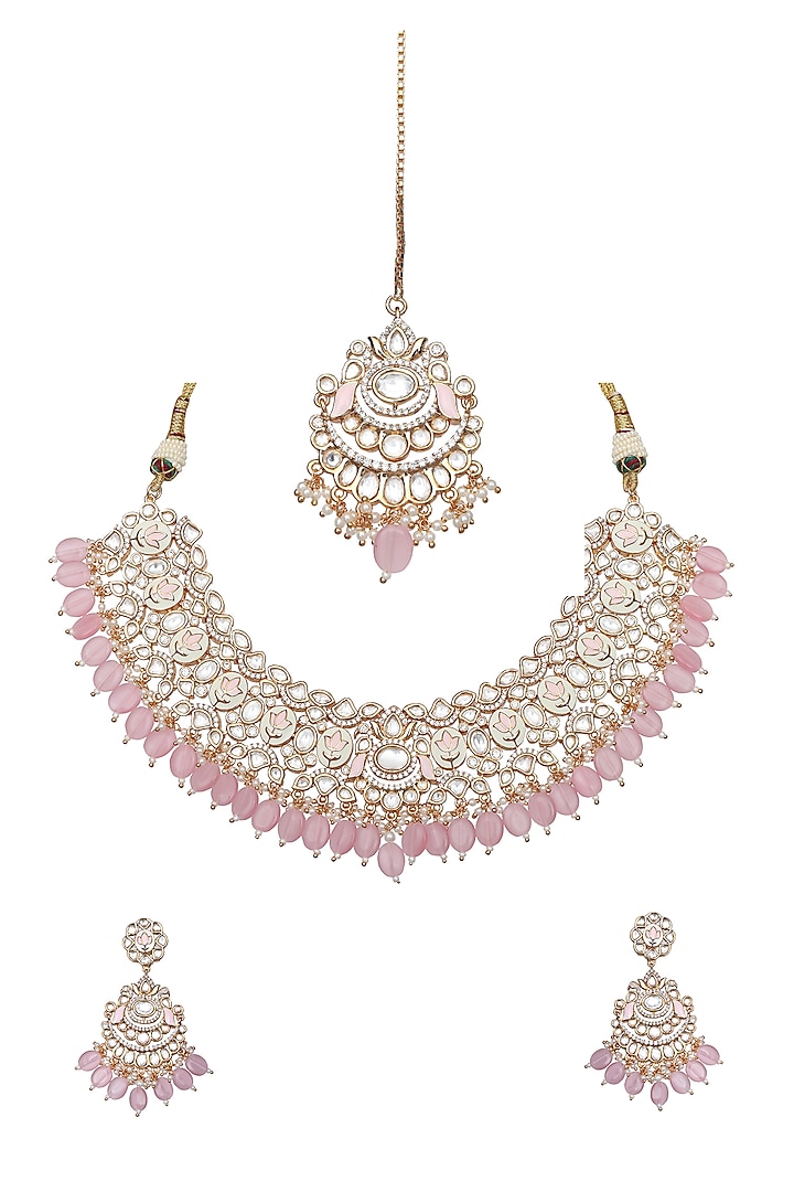 Gold Finish Blush Pink Kundan Meenakari Choker Necklace Set by Akulya Jewels at Pernia's Pop Up Shop
