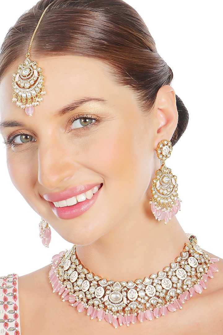 Gold Finish Blush Pink Kundan Meenakari Choker Necklace Set by Akulya Jewels at Pernia's Pop Up Shop