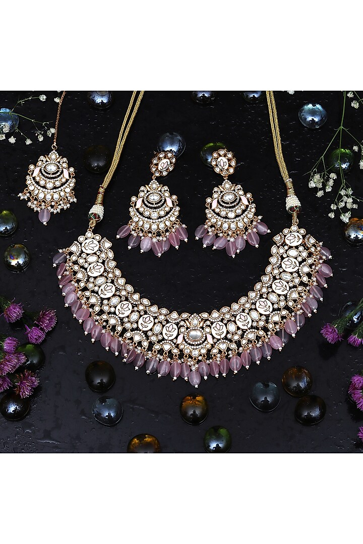 Gold Finish Blush Pink Kundan Meenakari Choker Necklace Set by Akulya Jewels at Pernia's Pop Up Shop