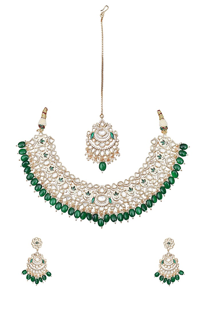 Gold Finish Emerald Green Kundan Meenakari Choker Necklace Set by Akulya Jewels at Pernia's Pop Up Shop