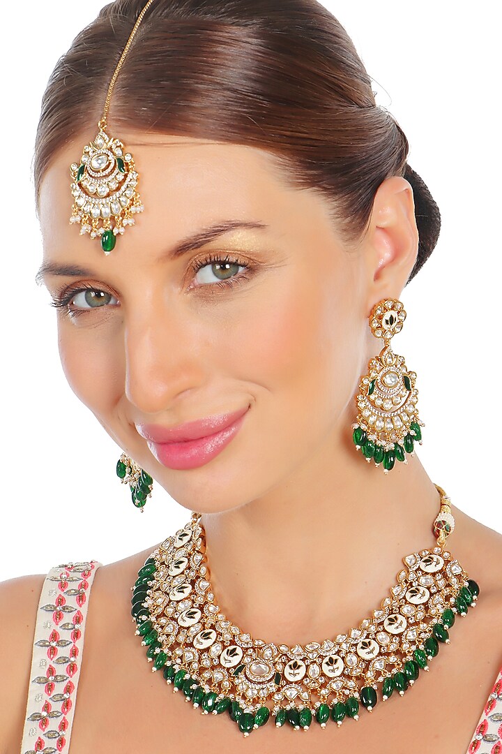 Gold Finish Emerald Green Kundan Meenakari Choker Necklace Set by Akulya Jewels at Pernia's Pop Up Shop