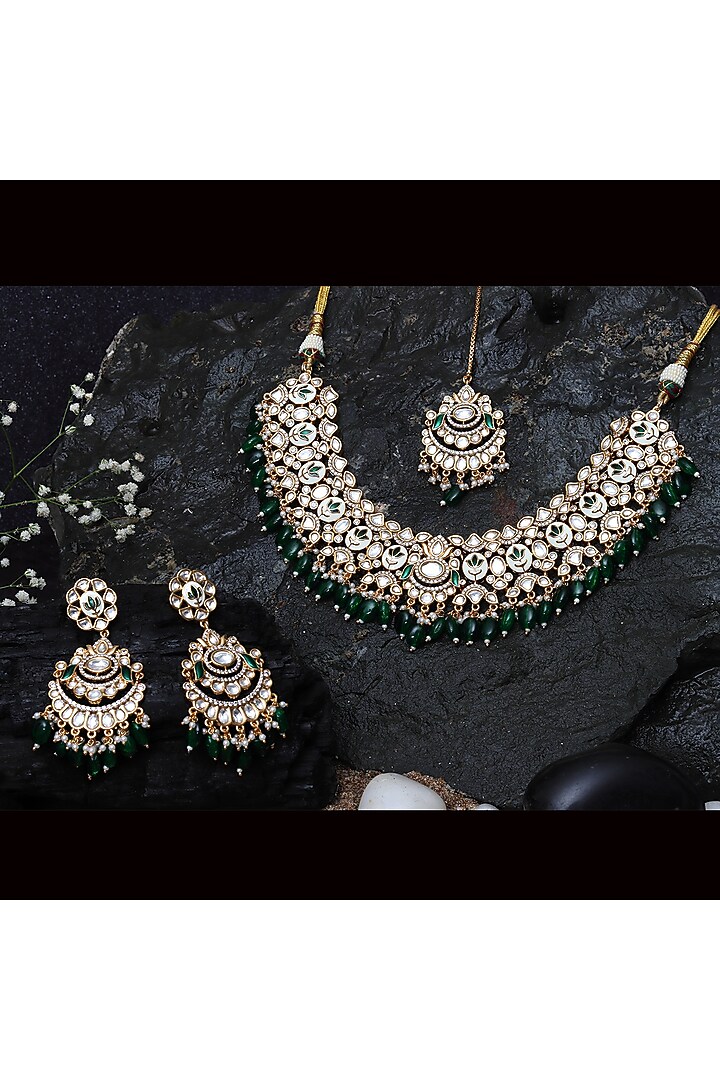 Gold Finish Emerald Green Kundan Meenakari Choker Necklace Set by Akulya Jewels at Pernia's Pop Up Shop