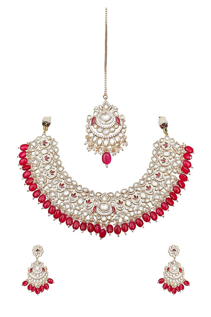 Gold Finish Red Kundan Meenakari Choker Necklace Set by Akulya Jewels at Pernia's Pop Up Shop