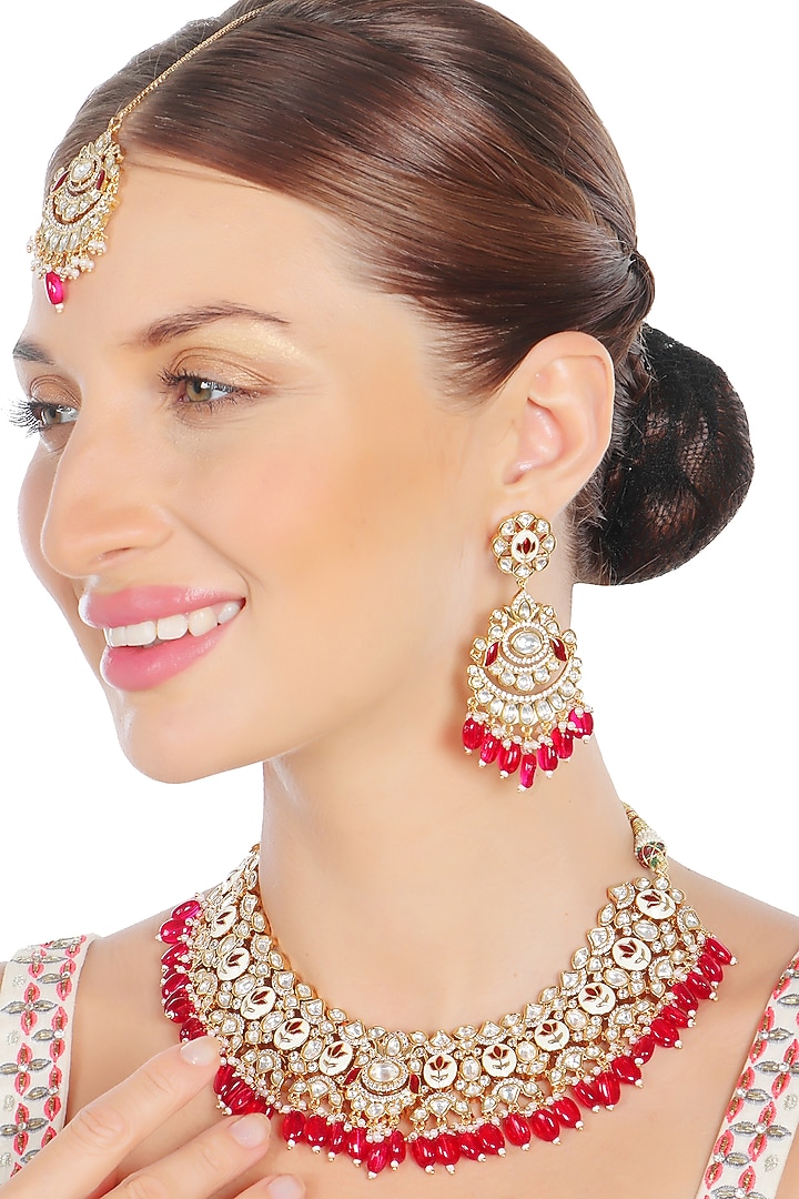 Gold Finish Red Kundan Meenakari Choker Necklace Set by Akulya Jewels at Pernia's Pop Up Shop