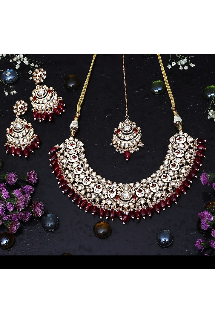 Gold Finish Red Kundan Meenakari Choker Necklace Set by Akulya Jewels at Pernia's Pop Up Shop