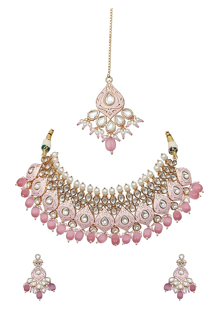 Gold Finish Kundan & Pearl Blush Pink Meenakari Choker Necklace Set by Akulya Jewels at Pernia's Pop Up Shop