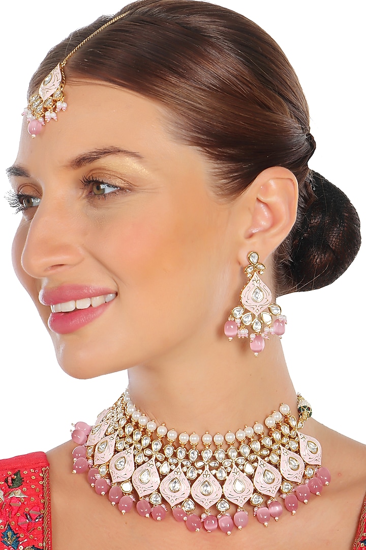 Gold Finish Kundan & Pearl Blush Pink Meenakari Choker Necklace Set by Akulya Jewels at Pernia's Pop Up Shop