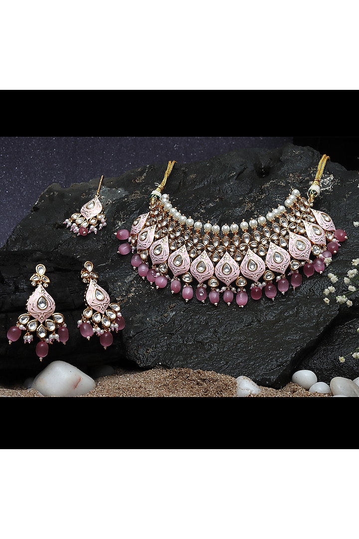 Gold Finish Kundan & Pearl Blush Pink Meenakari Choker Necklace Set by Akulya Jewels at Pernia's Pop Up Shop