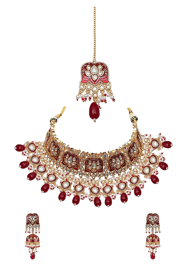 Gold Finish Kundan Red Meenakari Choker Necklace Set by Akulya Jewels at Pernia's Pop Up Shop