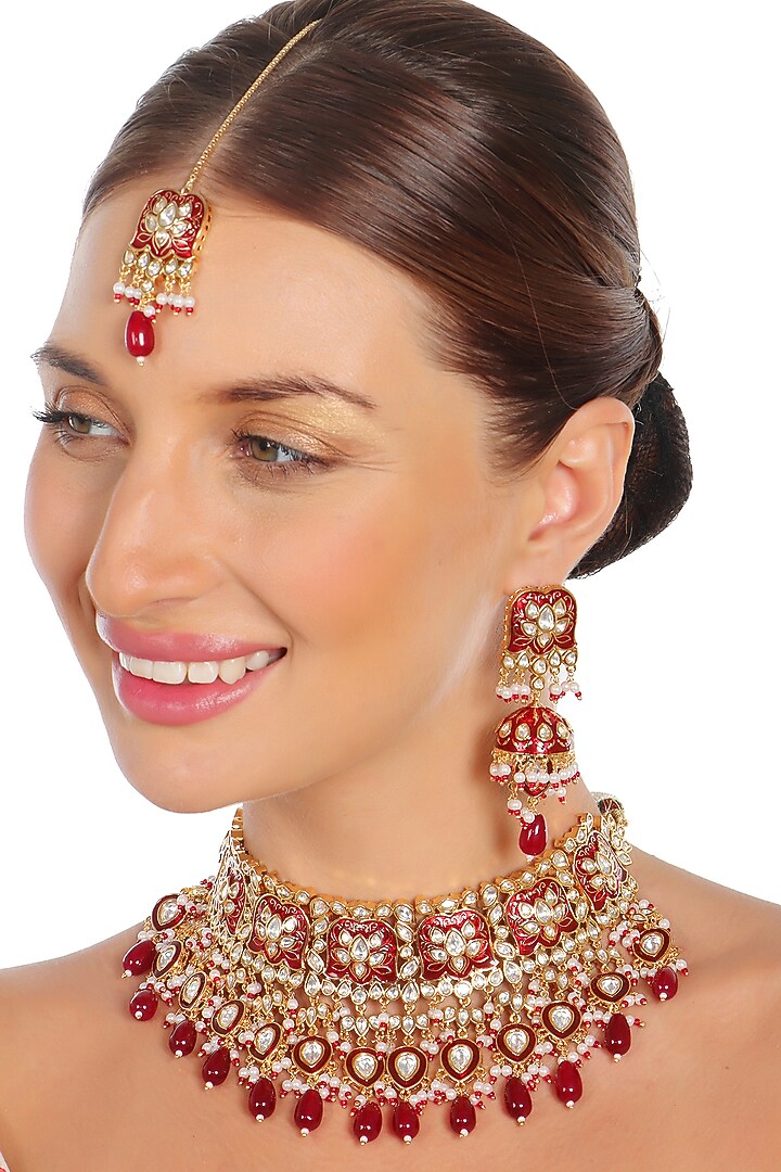 Gold Finish Kundan Red Meenakari Choker Necklace Set by Akulya Jewels at Pernia's Pop Up Shop