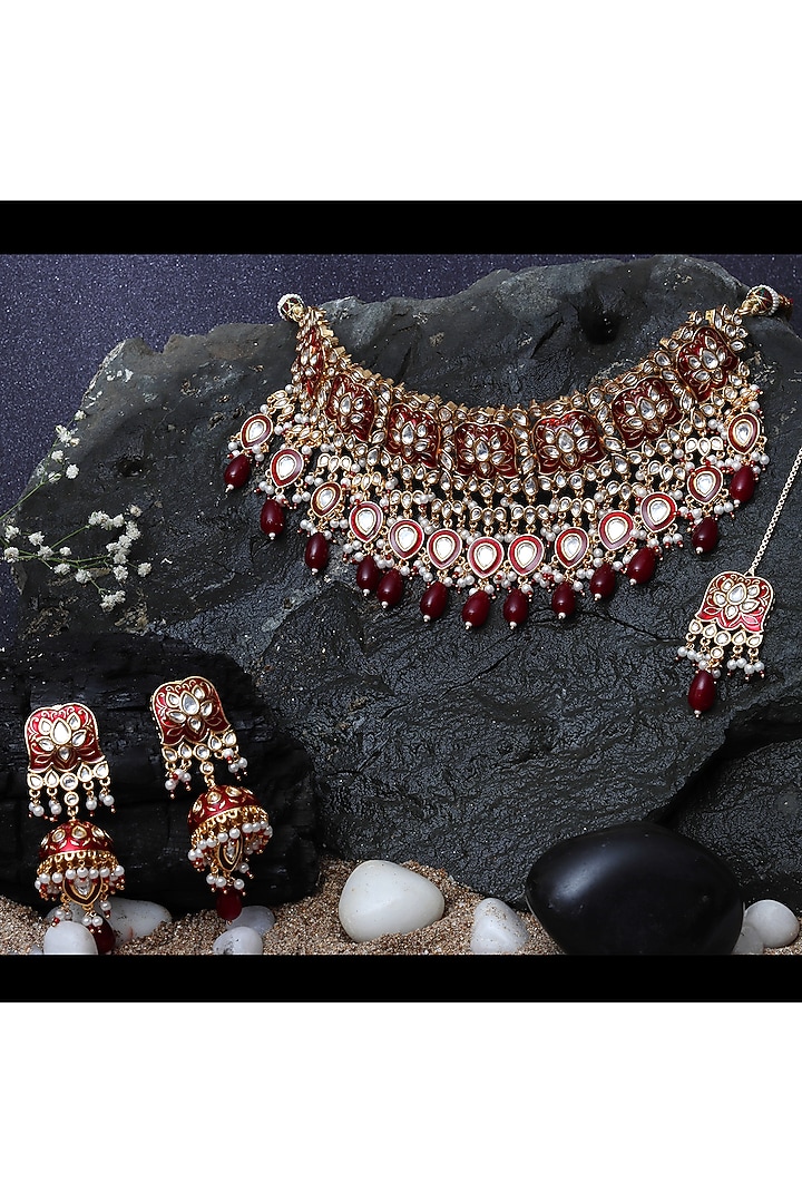 Gold Finish Kundan Red Meenakari Choker Necklace Set by Akulya Jewels at Pernia's Pop Up Shop