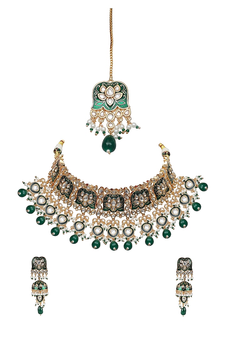 Gold Finish Kundan Green Meenakari Choker Necklace Set by Akulya Jewels at Pernia's Pop Up Shop