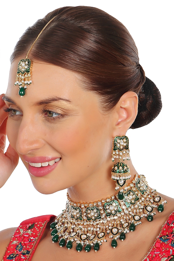 Gold Finish Kundan Green Meenakari Choker Necklace Set by Akulya Jewels at Pernia's Pop Up Shop